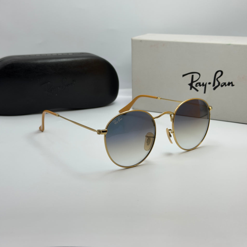 Ray-Ban Round Metal RB3447 – Or & Verres Minéraux Bleu Dégradé