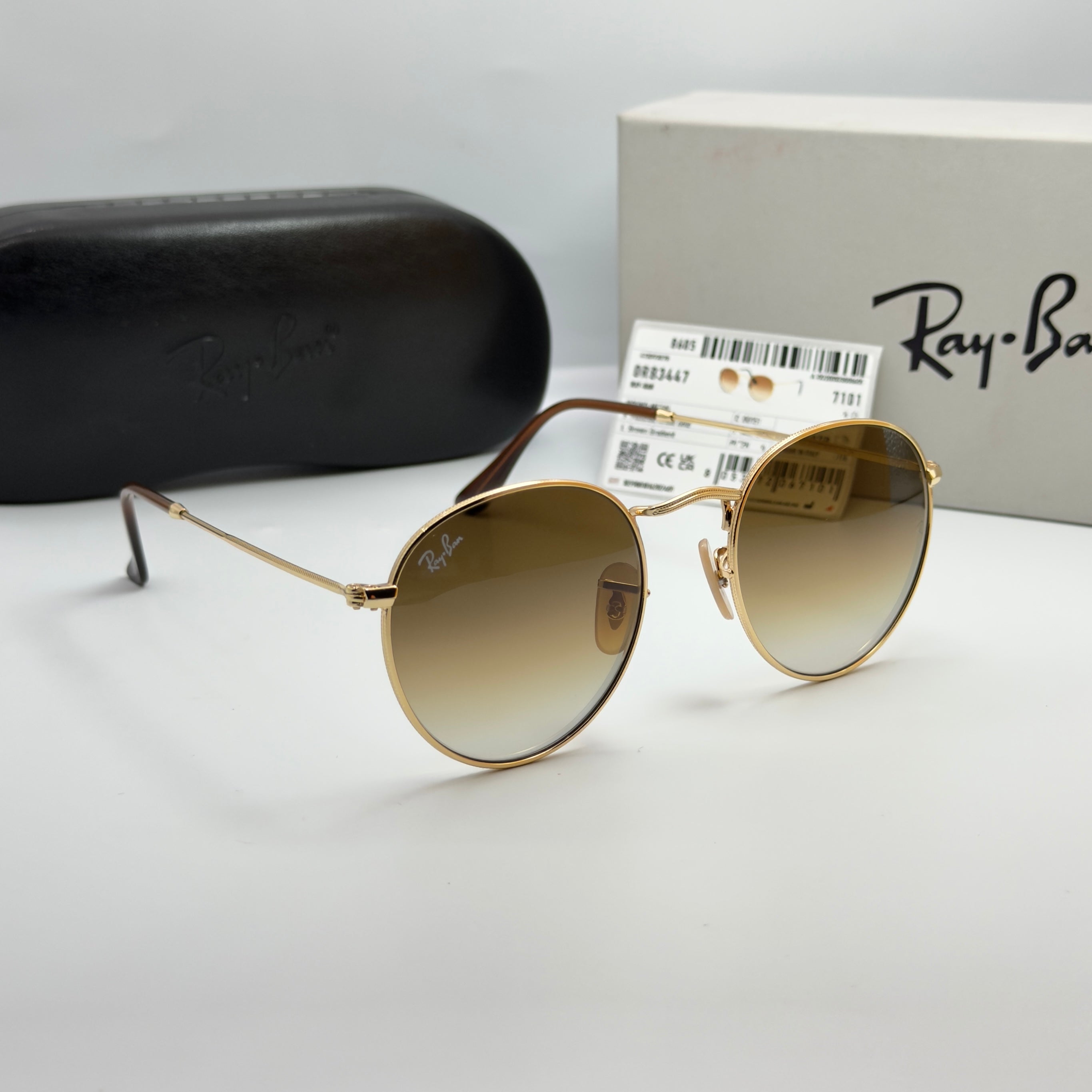 Ray-Ban Round Metal RB3447 – Or & Verres Minéraux Marron Dégradé